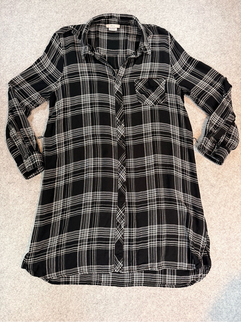 BLL NYC Black White Plaid Shirt Dress XL Rayon Roll Tab Sleeve Button Front